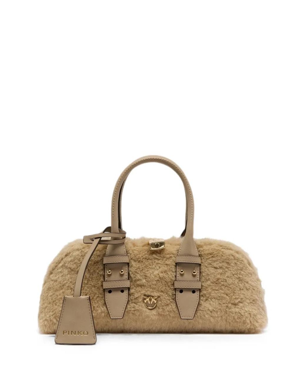 Pinko Natural Faux-Shearling Buckle-Detail Tote Bag
