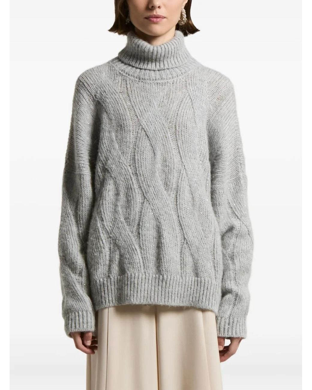Peserico Gray Cable-Knit Turtleneck Sweater
