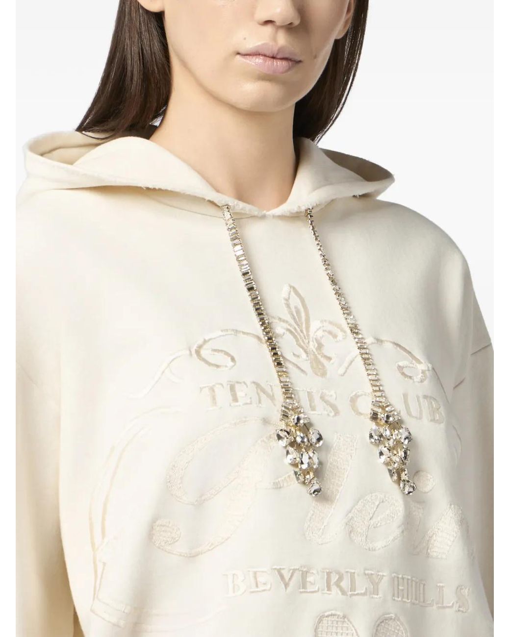 Philipp Plein White Washed Hoodie Tennis Club Crystals
