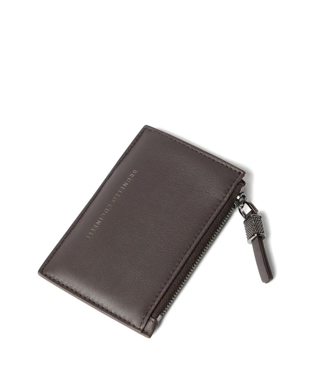 Brunello Cucinelli Gray Calfskin Card Case With Shiny Zipper Pull