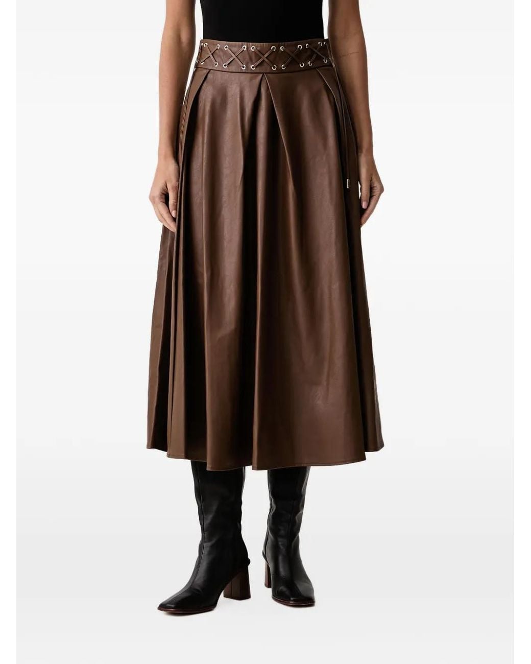 Fracomina Brown Lace-Up Pleated Midi Skirt