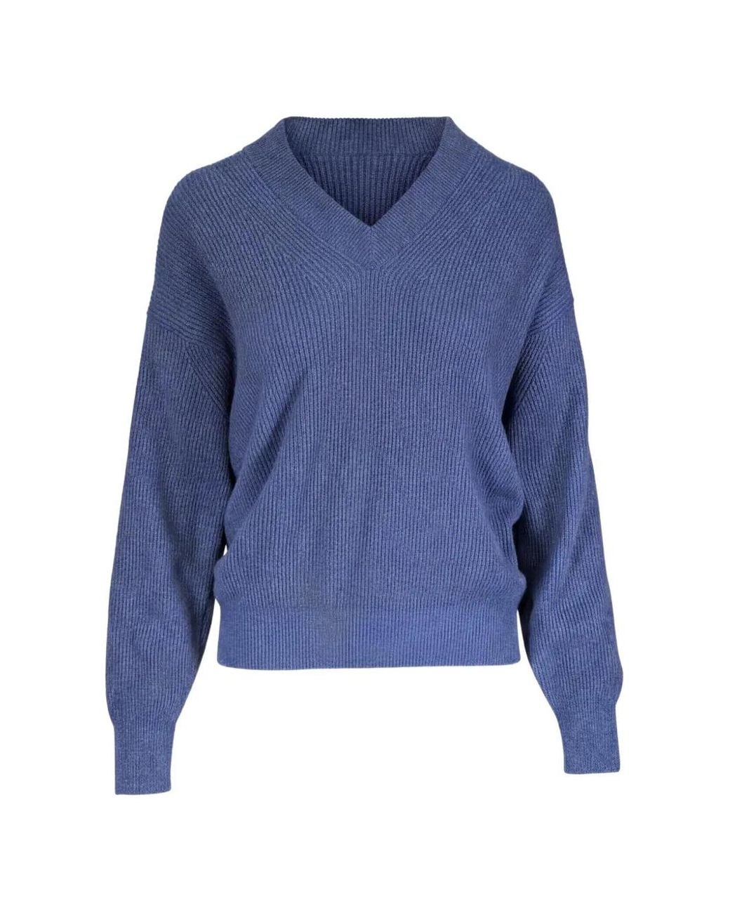 Brunello Cucinelli Blue Ribbed-Knit V-Neck Cashmere Sweater