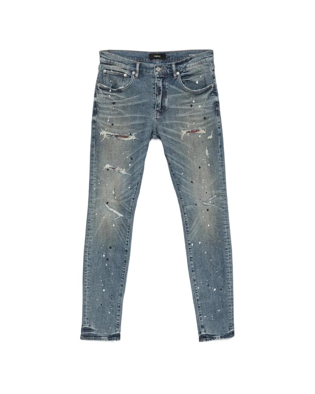 Purple Brand Blue Distressed Paint-Splatter Skinny Jeans for men