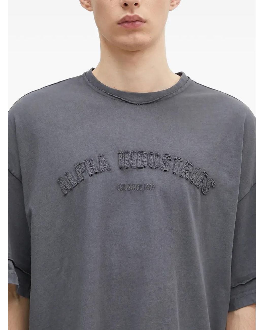 Alpha Industries Gray Logo-Embroidered Raw-Edge T-Shirt for men