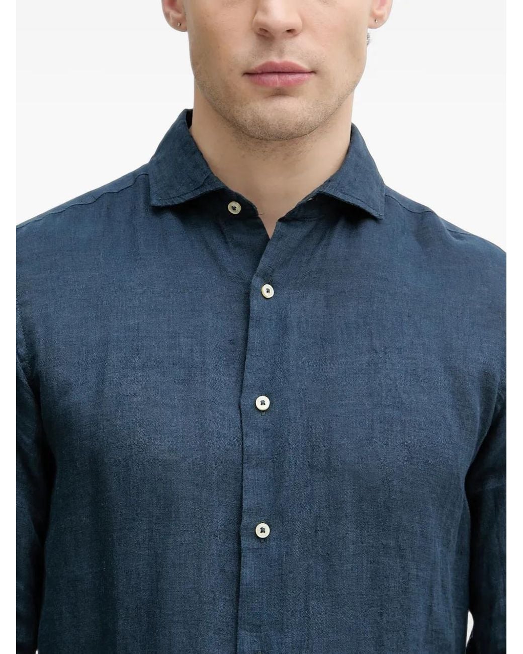 Benetton Blue Long-Sleeved Linen Shirt for men