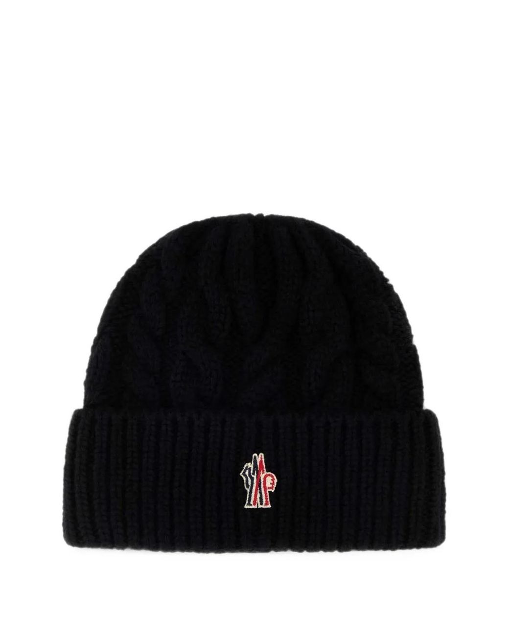 Moncler Black Cable-Knit Logo-Patch Beanie Hat