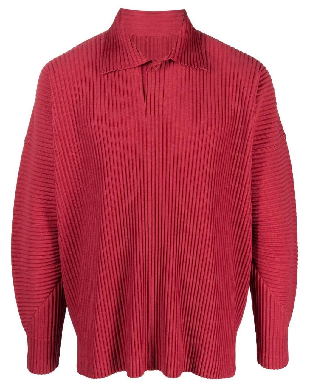 Homme Plissé Issey Miyake Pleated Long-sleeved Polo Shirt in Red  