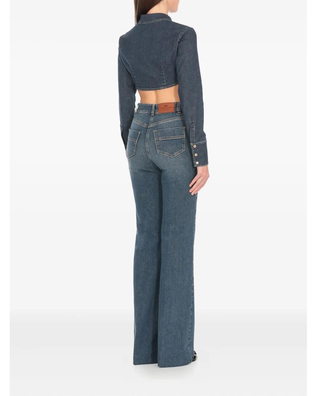Elisabetta Franchi Blue Cropped-Collar Denim Top