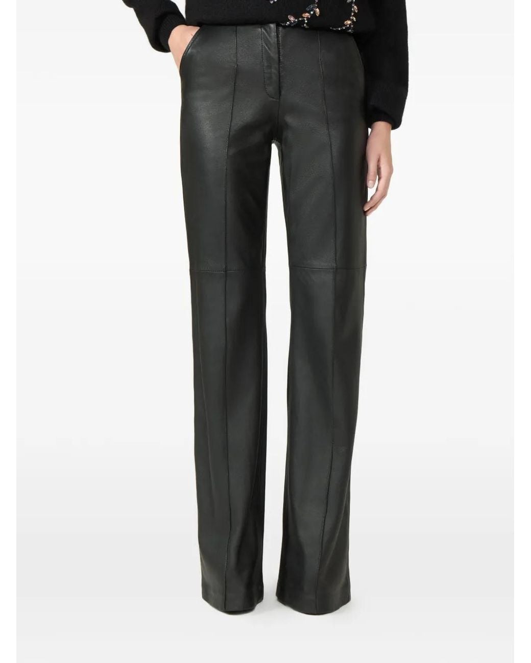 Costarellos Black Carmina Front-Seam Wide-Leg Leather Trousers