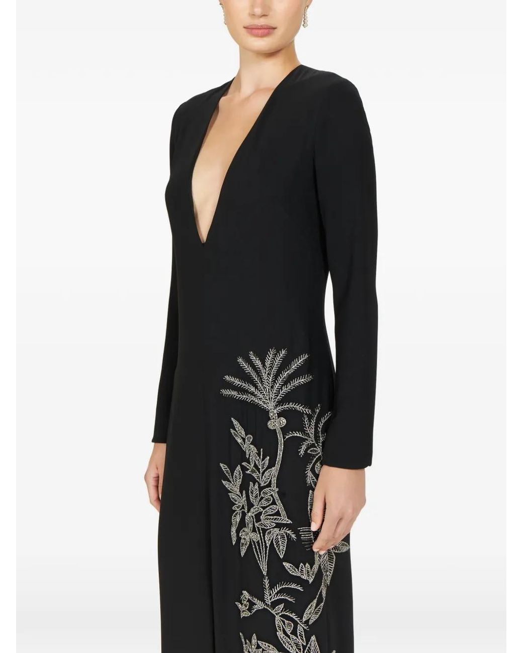 Costarellos Black Vita Beaded-Appliqué V-Neck Gown