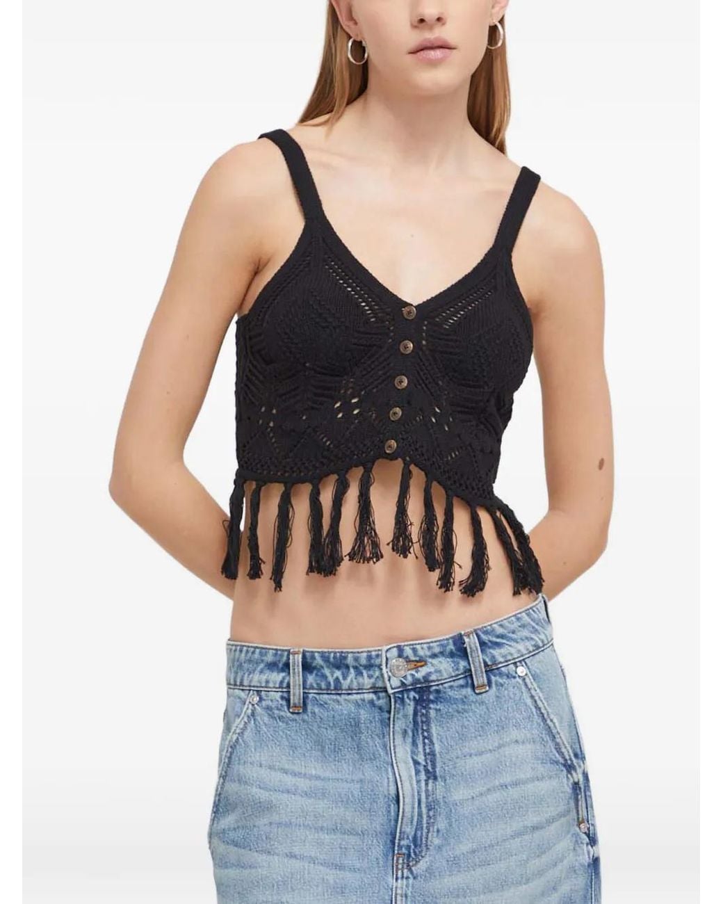 Desigual Blue Crochet-Knit Tassel-Trim Top