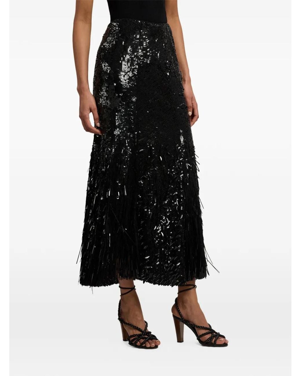 Ralph Lauren Black Sequin Fringed Midi Skirt