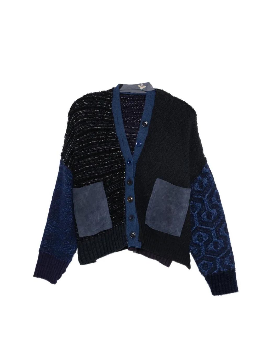 ESSENSI Blue Patchwork Wool Cardigan