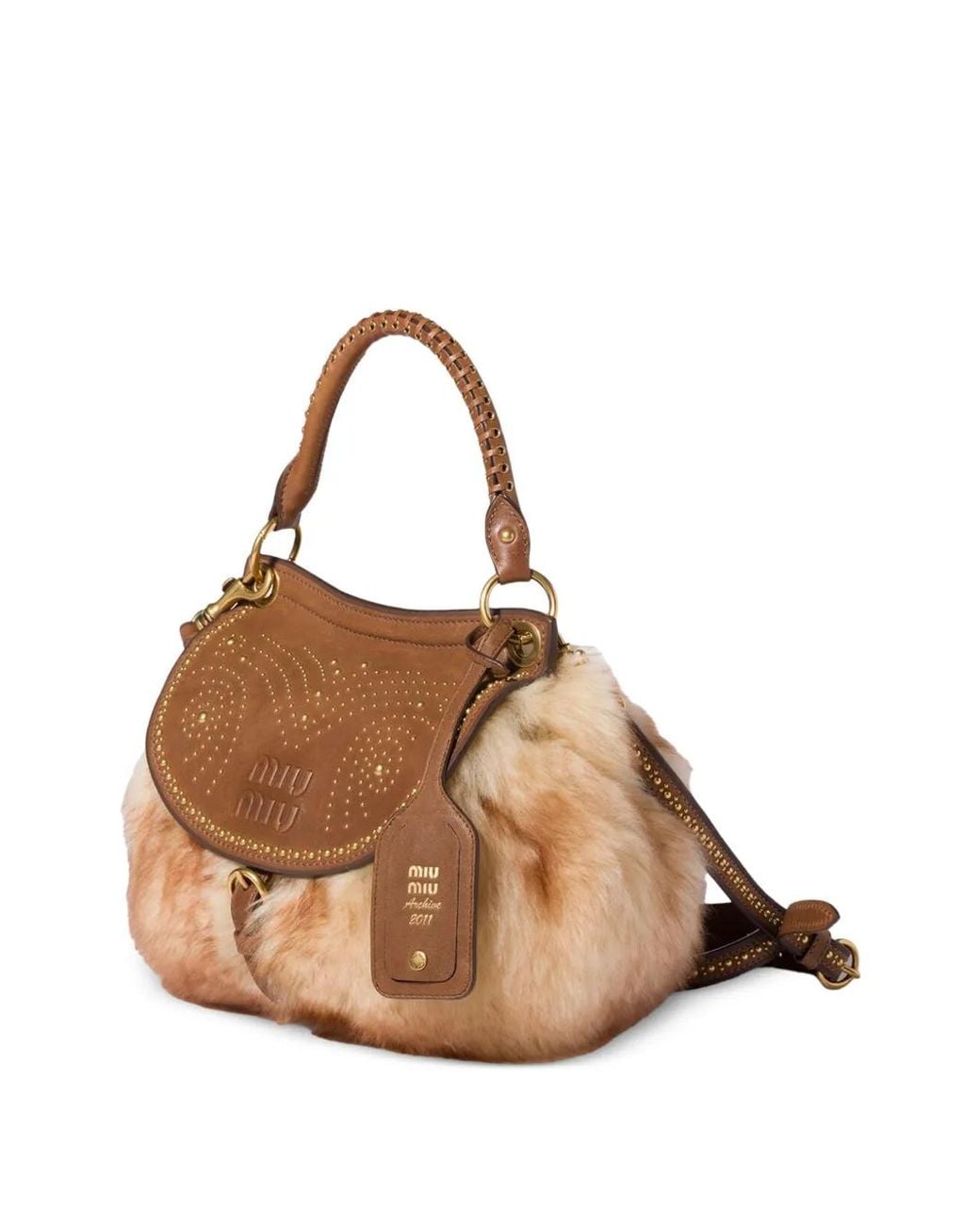 Miu Miu Brown Rendez-Vous Shearling And Nappa Leather Bag With Metal Studs