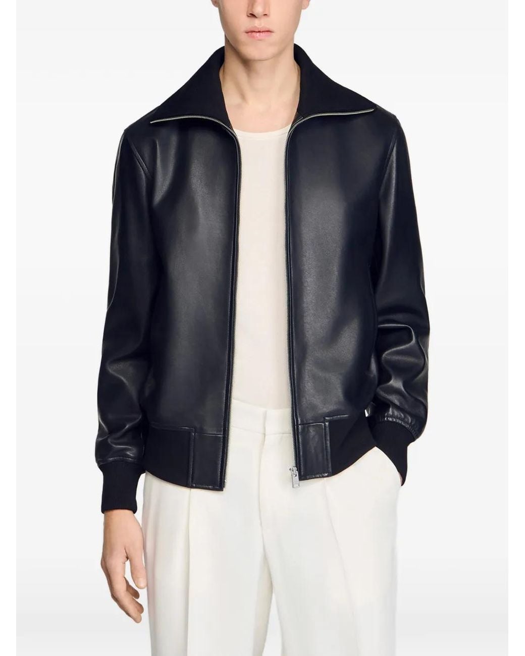 Sandro Black Zip-Up Leather Jacket for men