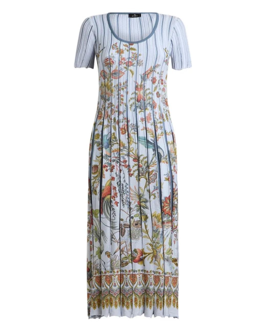 Etro Blue Pleated Cotton-Blend Midi Dress With Placed Print