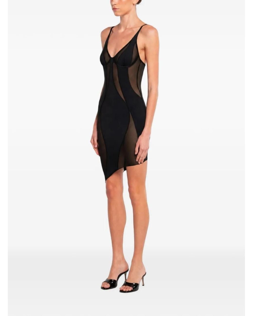 OW Collection Black Swirl Asymmetric Mesh Mini Dress