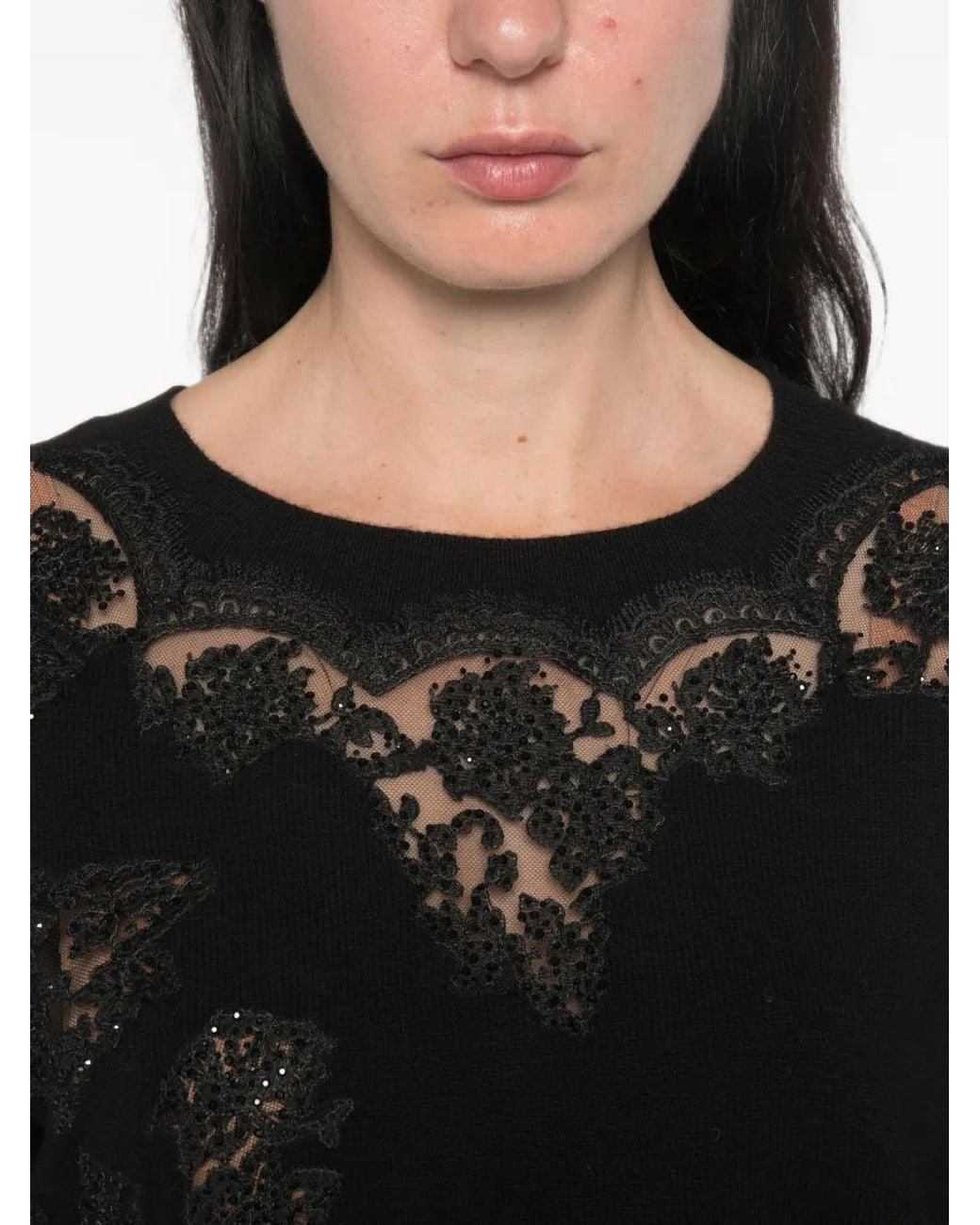 ERMANNO FIRENZE Black Lace-Panel Sequin-Embellished Sweater