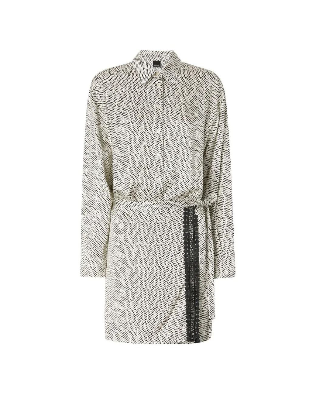 Pinko Gray Mini Shirt Dress With Polka-Dot Print And Lace