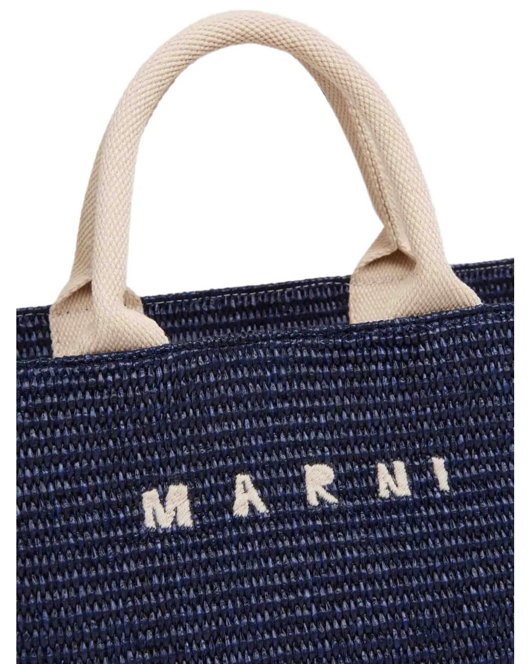 Marni Blue Logo-Embroidered Raffia Tote Bag