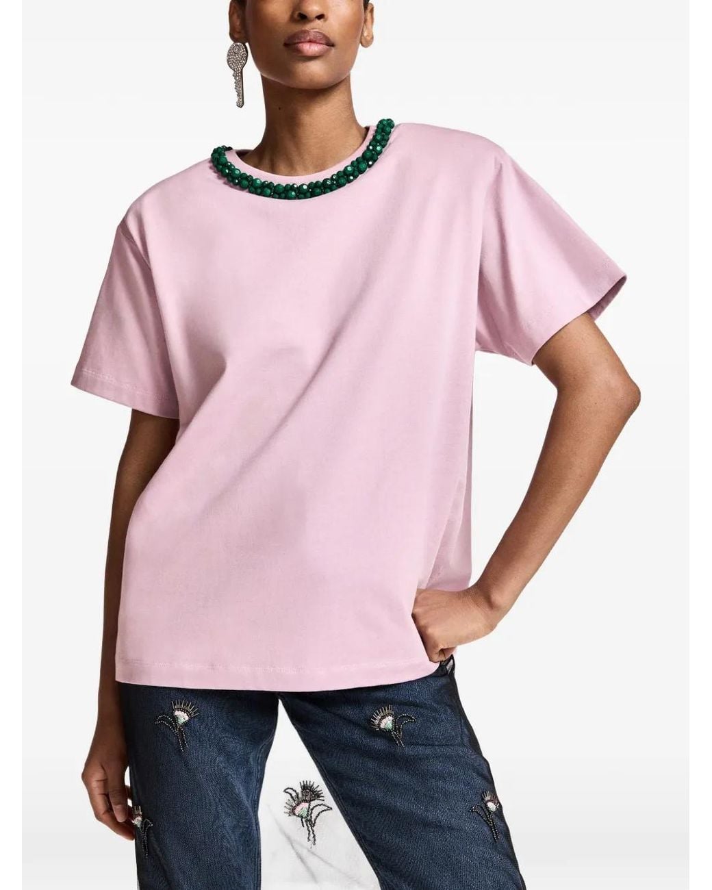 Essentiel Antwerp Pink Kardinal Embellished-Collar Cotton T-Shirt