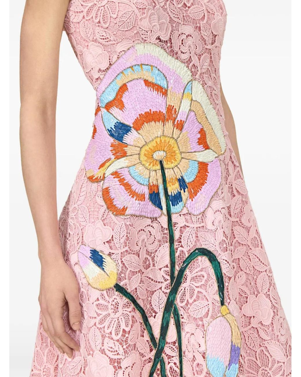 Costarellos Pink Marina Floral-Appliqué Corded Lace Midi Gown