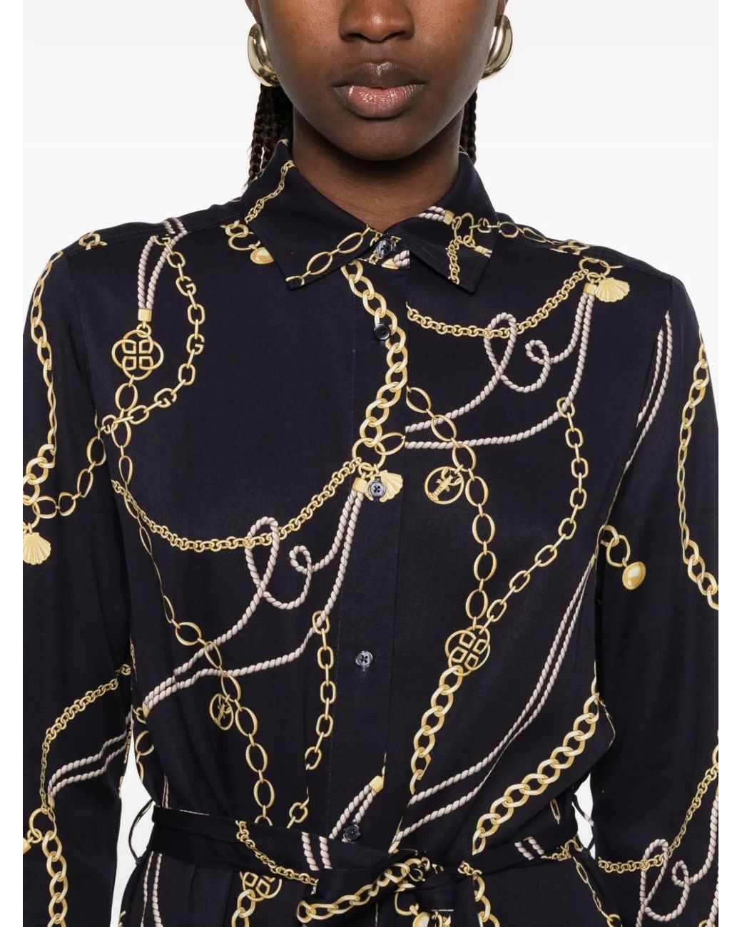 Gant Black Chain-Print Belted Shirt Midi Dress