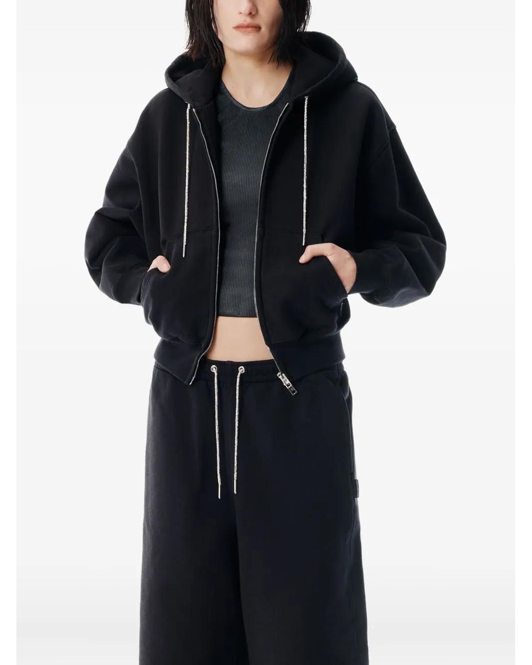 Alexander Wang Black Rhinestone-Drawcord Zip-Up Hoodie