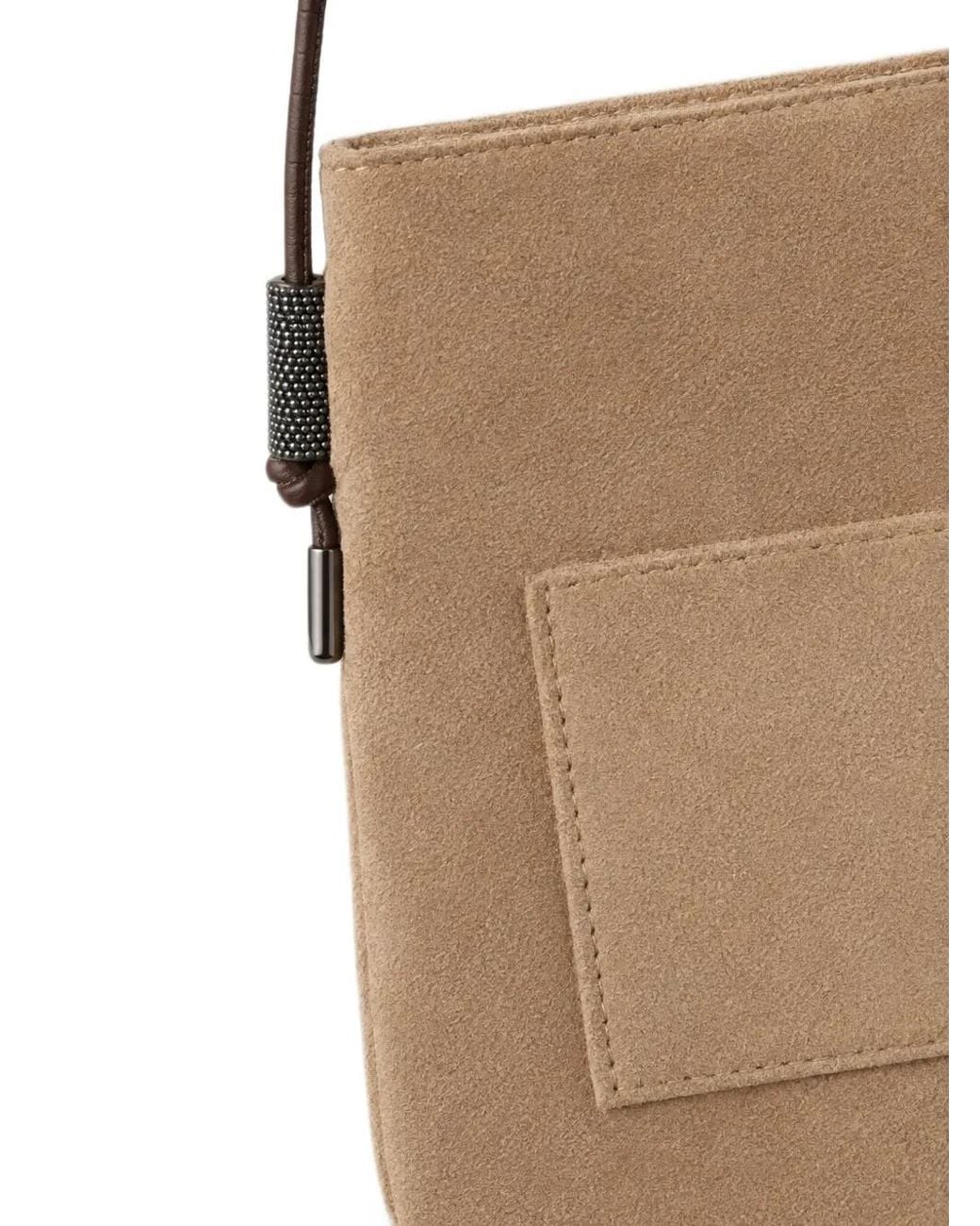 Brunello Cucinelli White Suede Logo-Embossed Crossbody Bag
