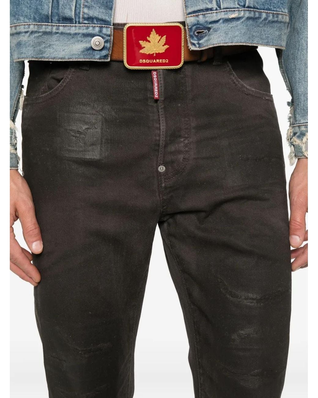 DSquared² Gray Bull Leatherette Faded-Patchwork Jeans for men