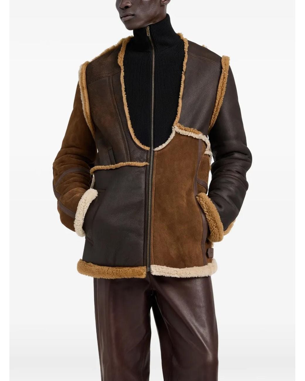 Maison Margiela Brown Zipped Patch Shearling Jacket for men