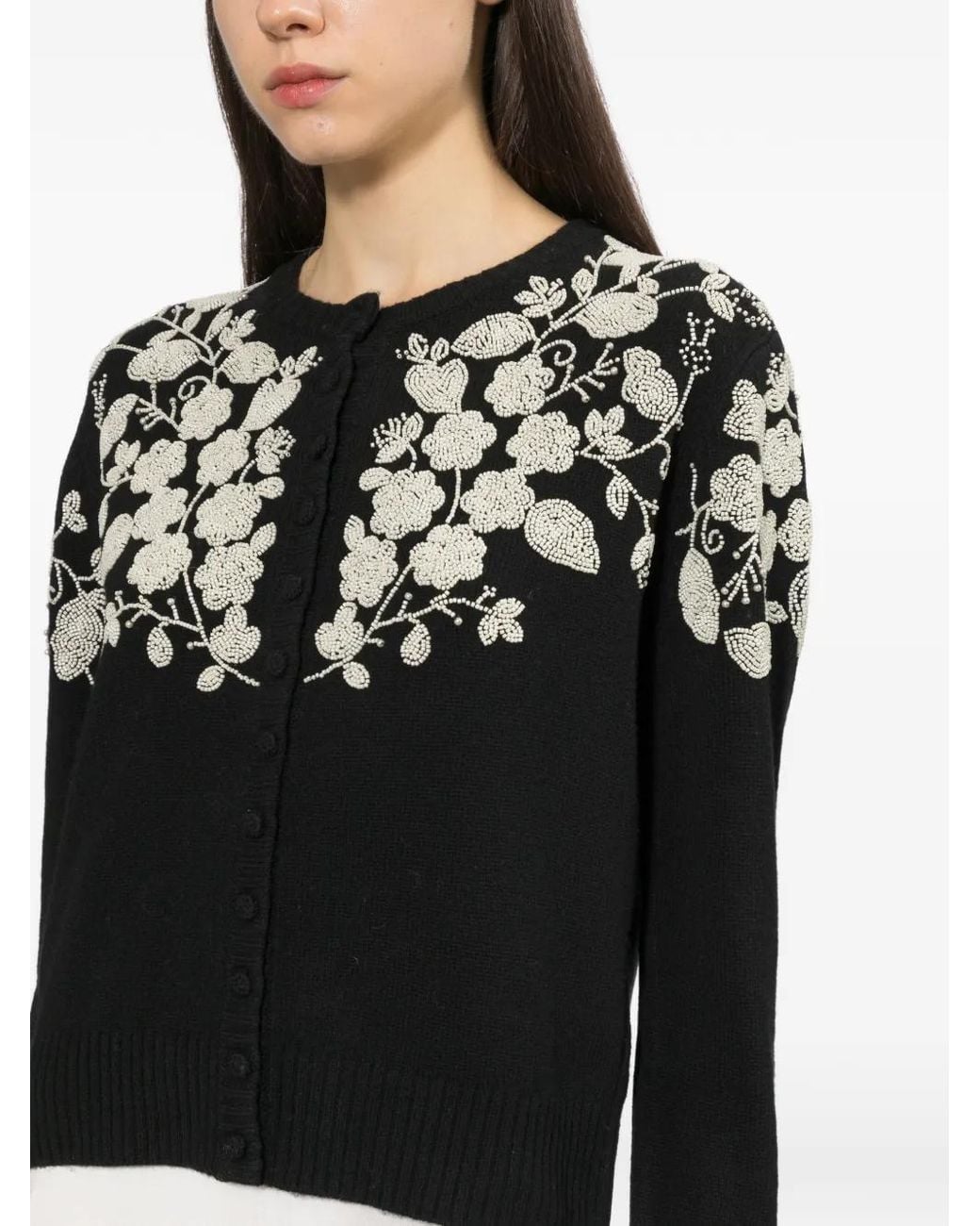 Sea Black Bead-Embellished Floral Cardigan