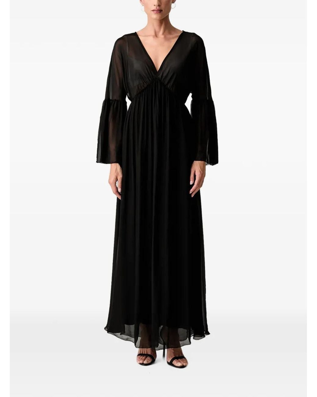 Haveone Black Sheer-Panel Bell-Sleeve Maxi Dress