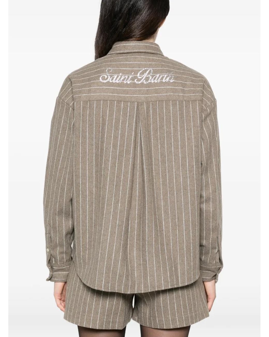 Mc2 Saint Barth Brown Pinstripe-Pattern Crystal-Embellished Shirt