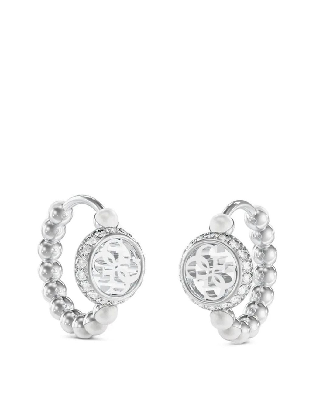 Guess White Tiny Pearly Crystal-Embellished Faux-Pearl Hoop Earrings
