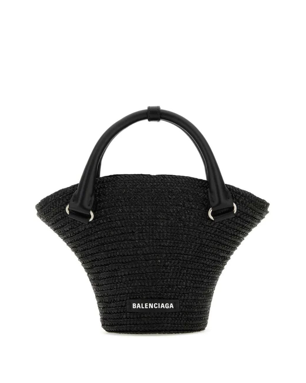 Balenciaga Black Mini Braided-Raffia Tote Bag
