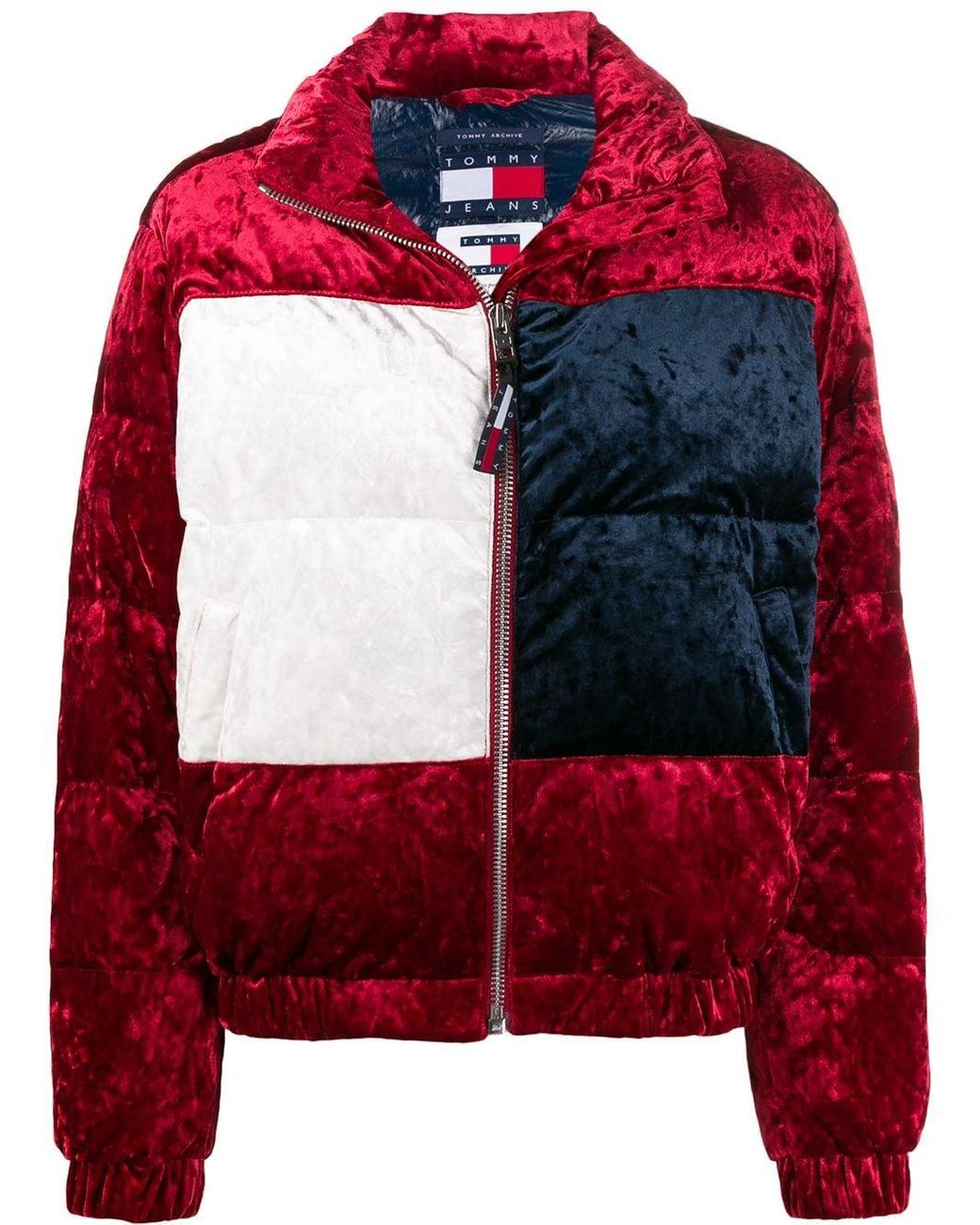 Tommy Hilfiger Colour-block Velour Puffer Jacket in Red | Lyst UK