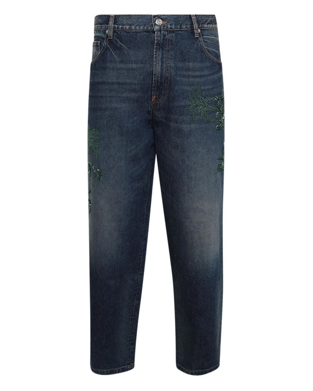 Bluemarble Blue Stonewashed Botanic-Embroidered Jeans for men