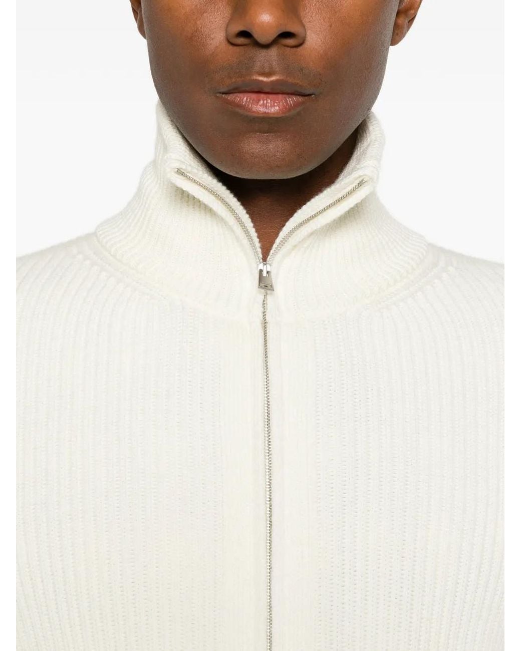 LUIGI GENTILE White Ribbed-Knit Zip-Up Cardigan for men