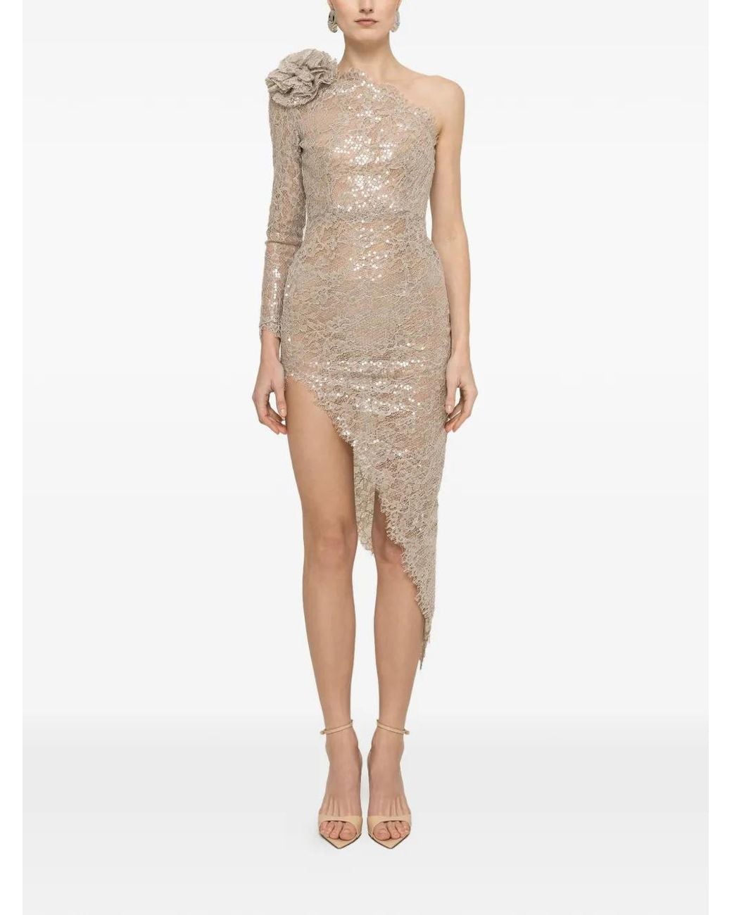 Nissa Natural Sequin-Detail Lace Midi Dress