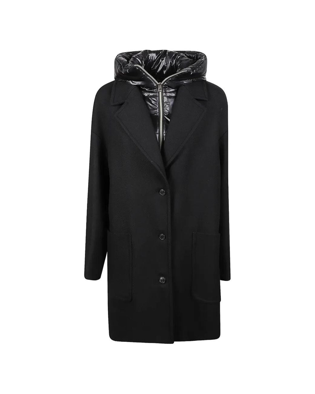 Herno Black Layered Hooded Single-Breaasted Coat