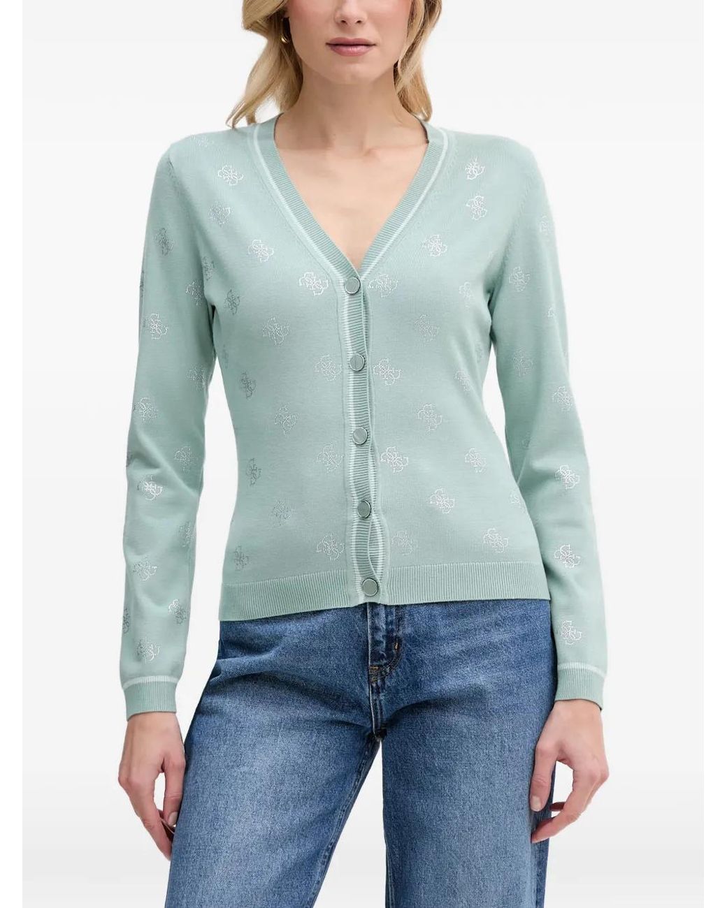 Guess Blue Cardigan À Col V Et Logo À Strass