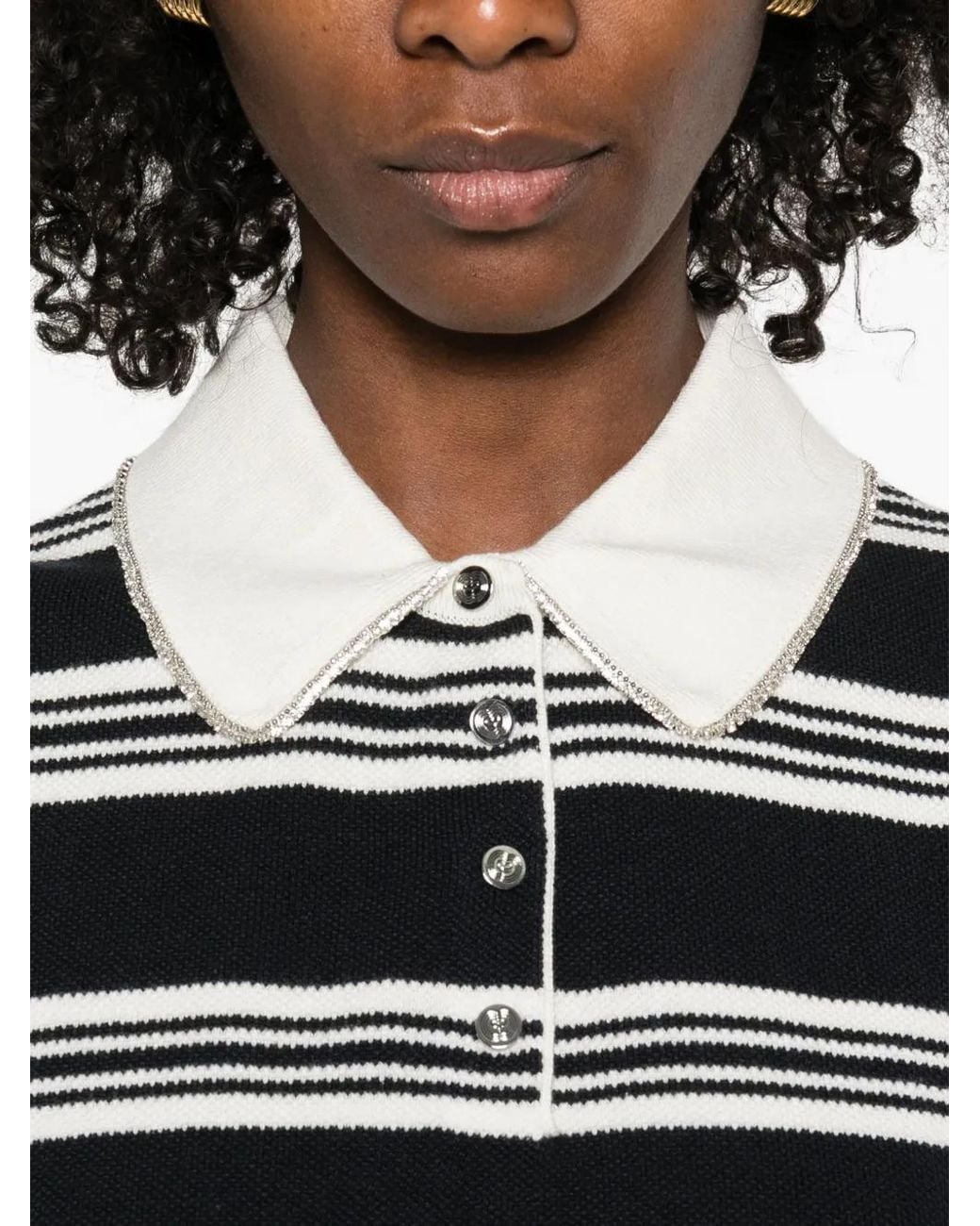 Maje Black Striped Polo With Rhinestone Collar