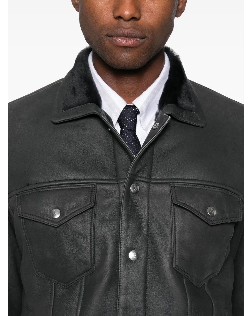 Eleventy Black Seam-Detail Leather Jacket for men