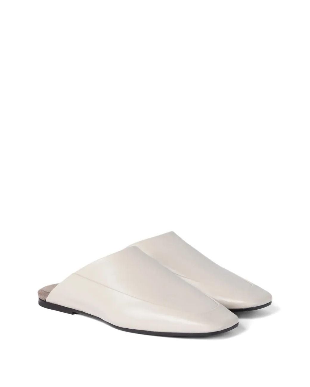 Brunello Cucinelli White Square-Toe Leather Flat Mules
