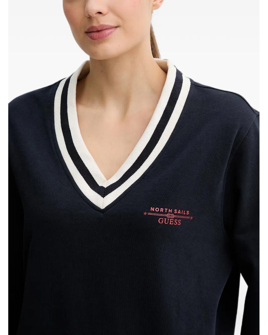 Guess Blue X North Sails Striped-Trim V-Neck Sweatshirt
