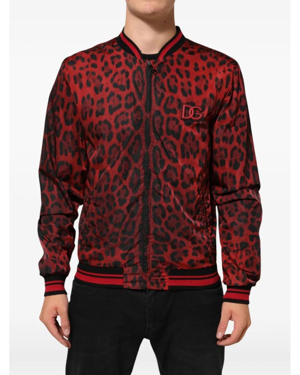 Dolce & Gabbana Red Leopard-Print Bomber Jacket for men