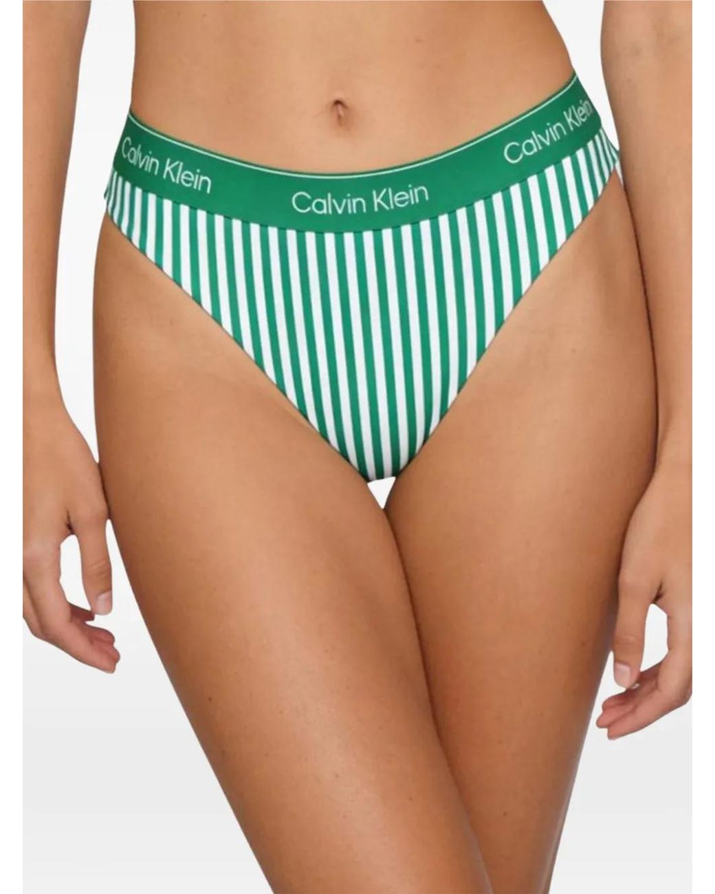 Calvin Klein Green Ck Icon Striped Logo-Waistband Bikini Bottoms