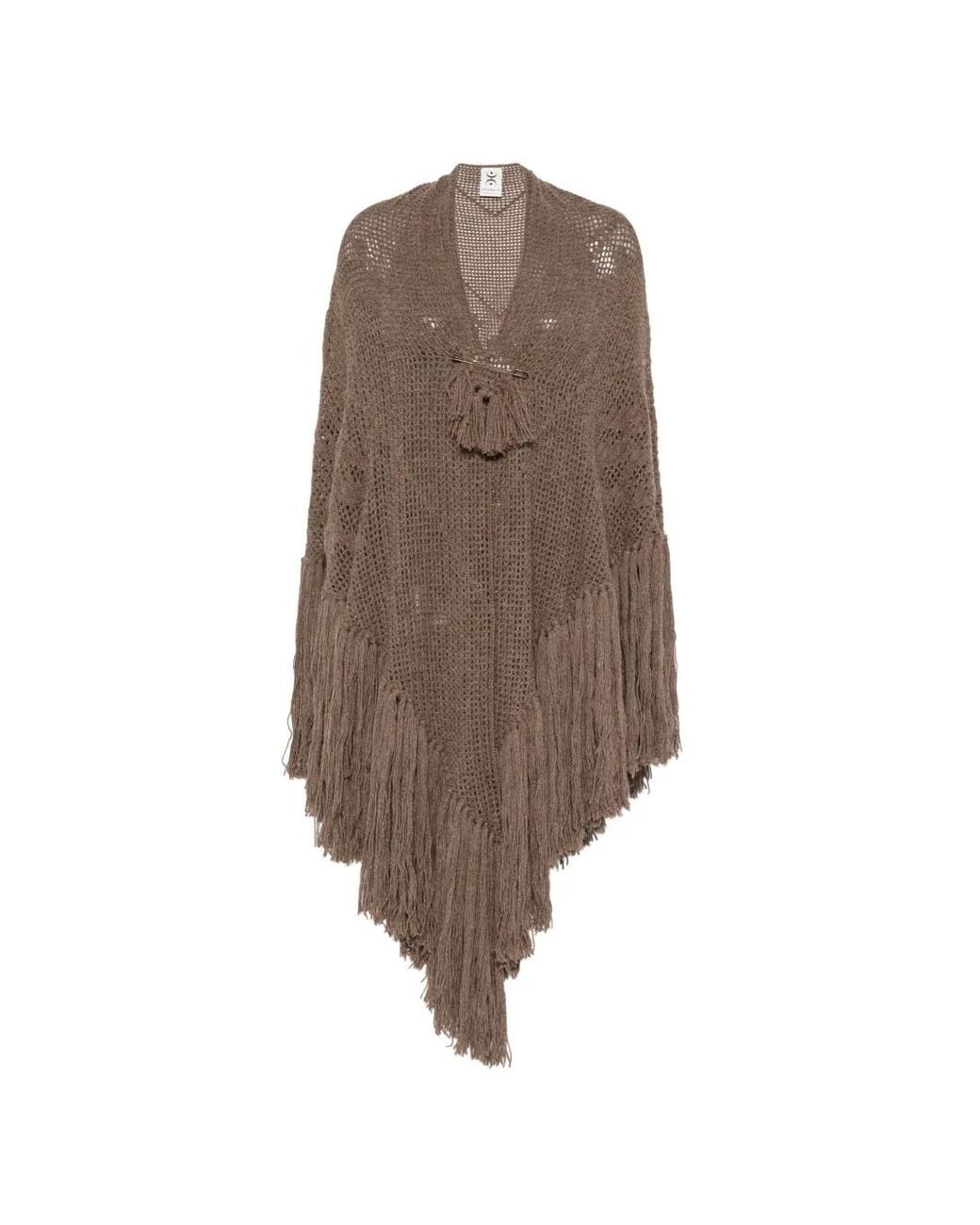 Chiara Is Brown Fringed-Hem Crochet-Knit Cape