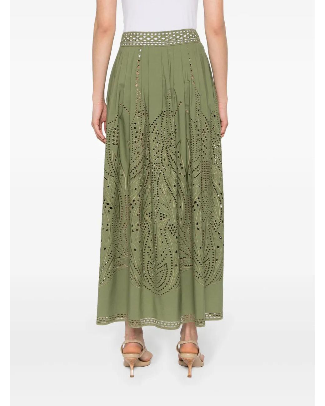 Alberta Ferretti Green Cut-Out Detail Poplin Midi Skirt